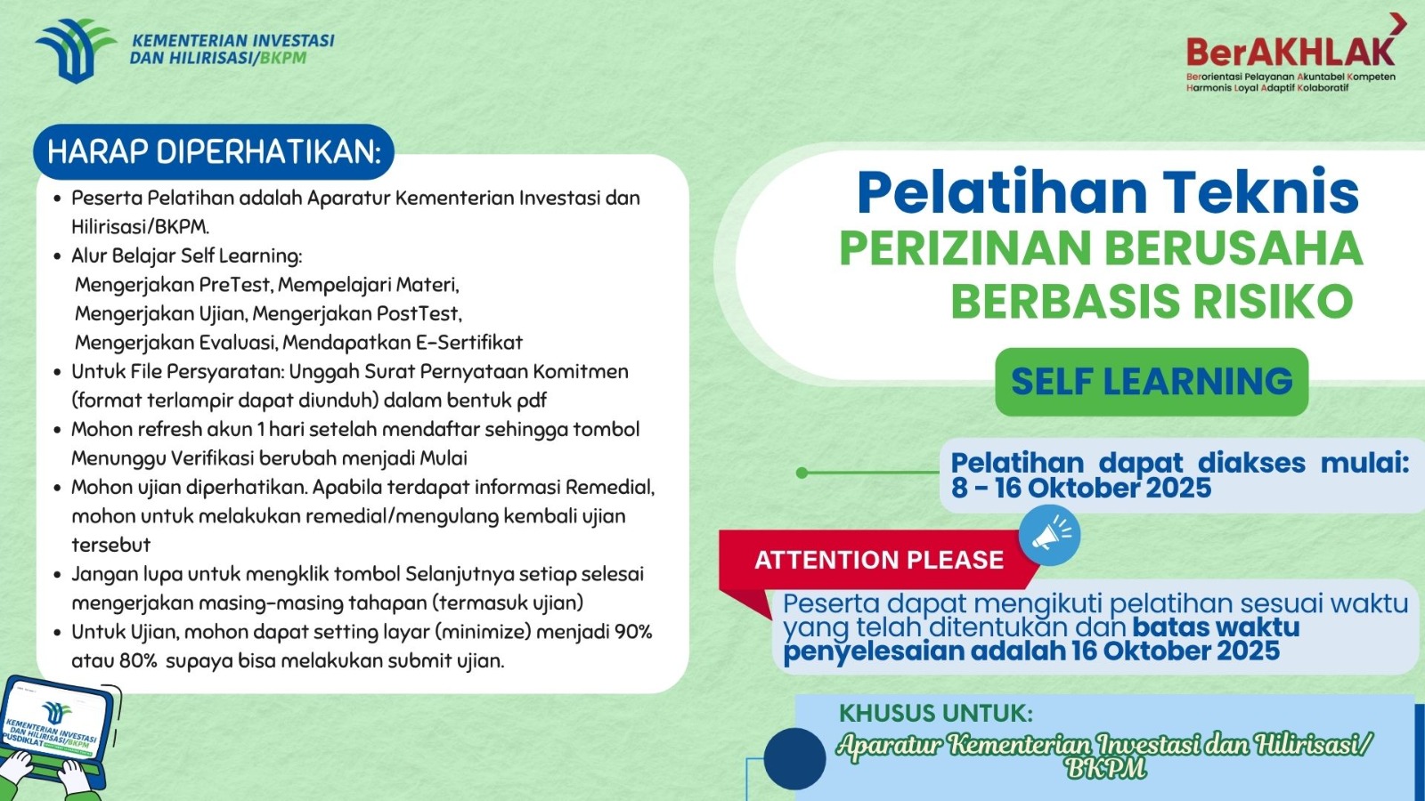 Pelatihan Teknis Perizinan Berusaha Berbasis Risiko bagi Aparatur Kementerian Investasi dan Hilirisasi/BKPM (Self Learning)